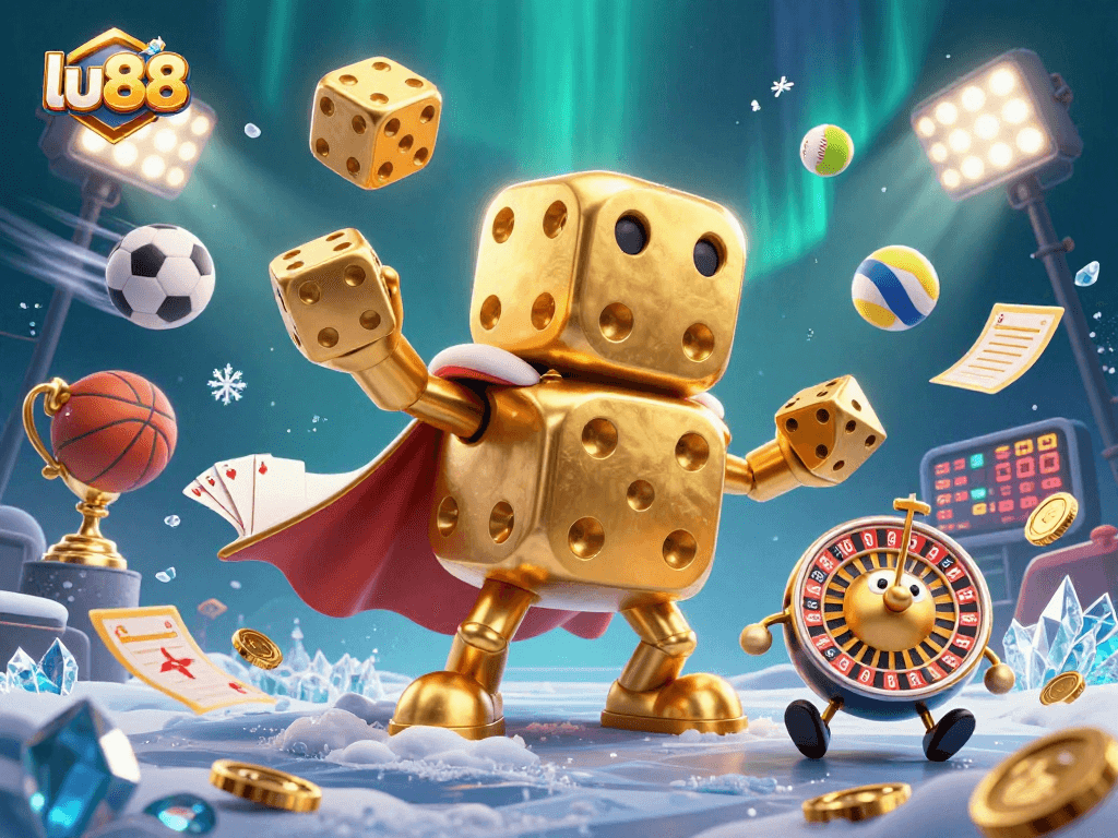 Experience thrilling games at lu88 with exciting dynamic scenes of golden dice, sports, and vibrant casino action.