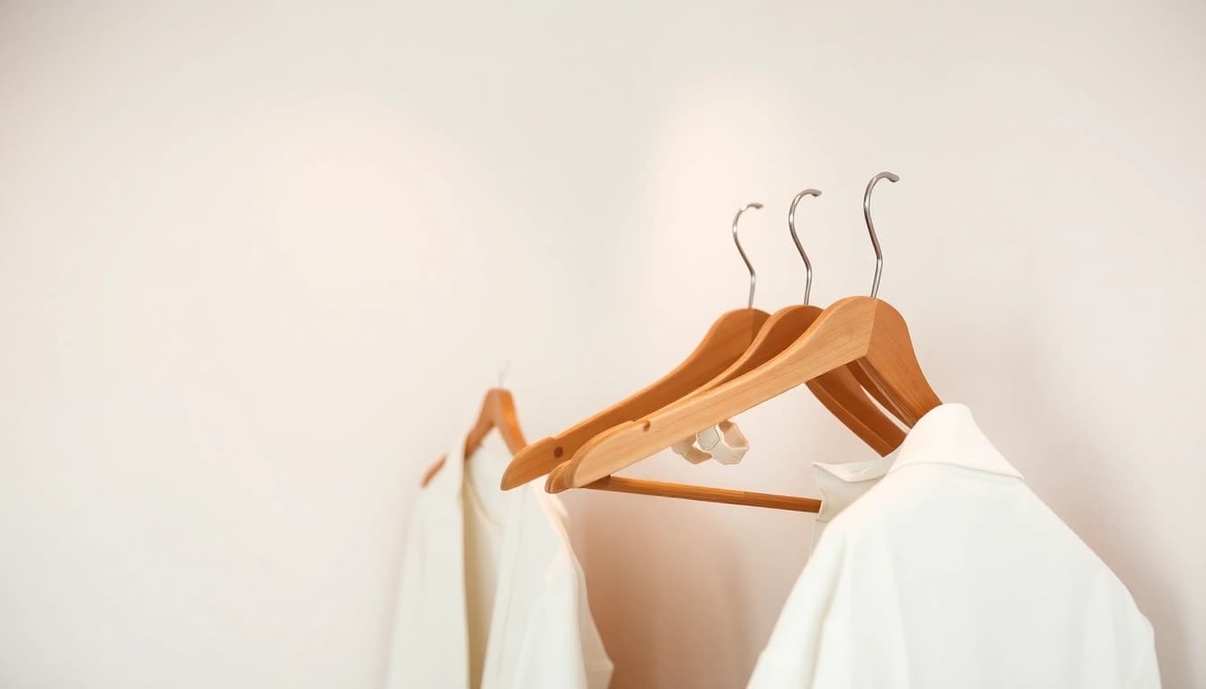 Kunststoff kleiderbügel elegant drapiert auf einem Holzkleiderständer im sanften Licht.