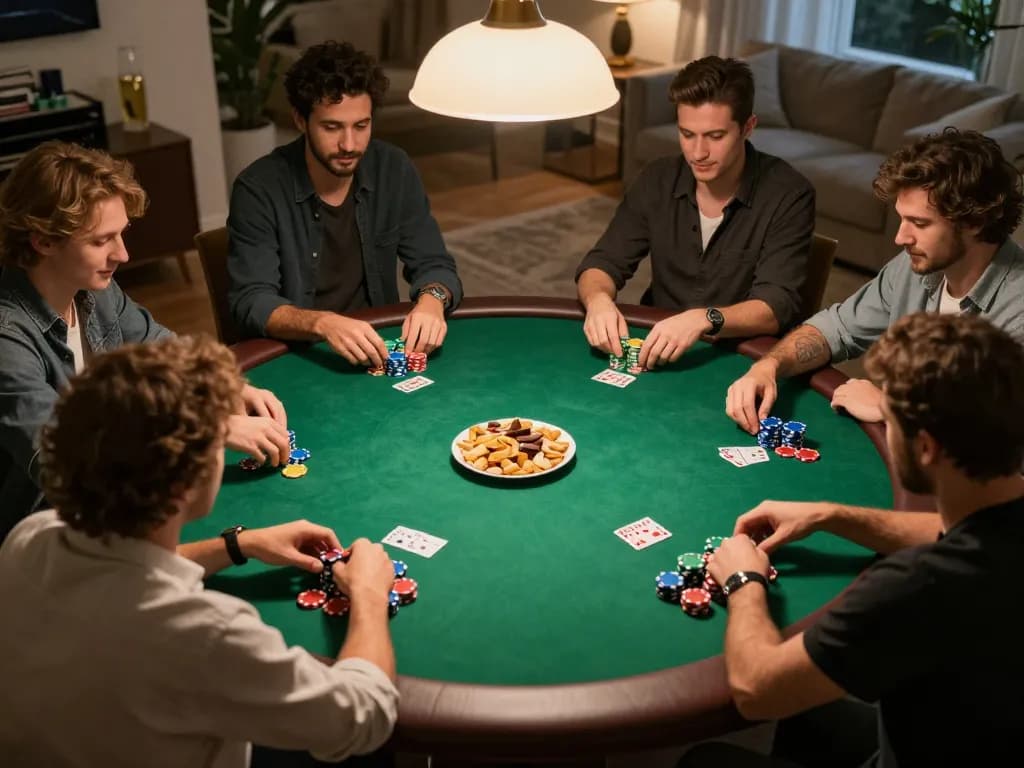 PH22 home poker night with friends playing around a vibrant green felt table