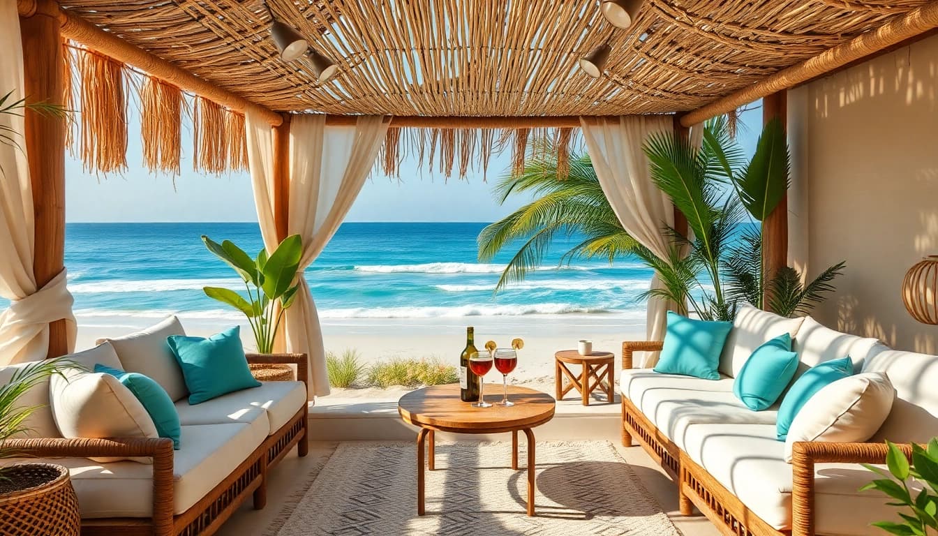Entspannen im Küsten-Cabana mit tropischen Pflanzen und Meerblick.