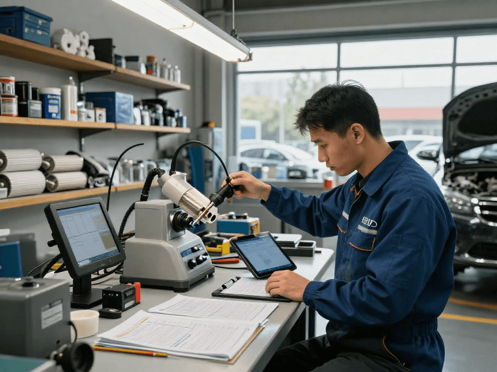 DPF Reinigung in Laatzen: Professioneller Techniker reinigt Dieselpartikelfilter in Werkstatt.