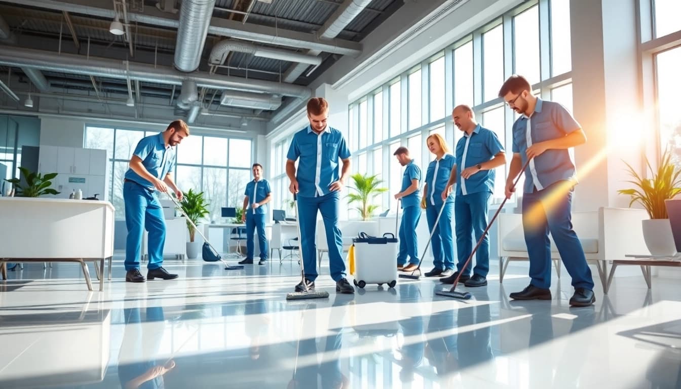 Efficient Gebäudereinigung Ulm durch ein professionelles Reinigungsteam in einem modernen Büro.