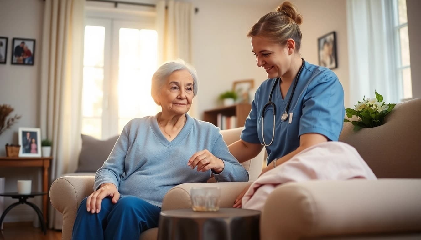 Pflegedienst: Caregiver supporting elderly person in a warm home environment.
