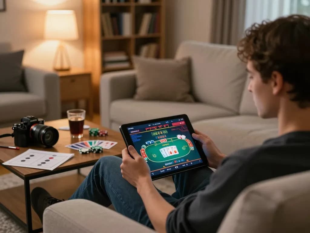 Person enjoying online casino gaming on a tablet, showcasing mk8th platform in a cozy home setup