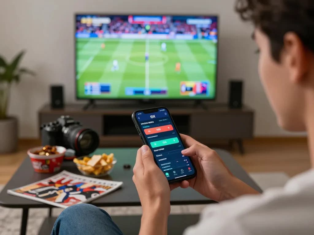 Engaging in sports betting on a smartphone with 79King in a cozy home setting.