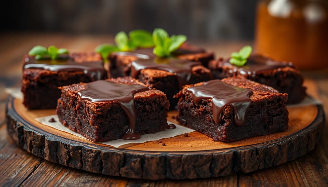 Daga Brownies auf einem rustikalen Holzbrett, verziert mit Schokoladensauce und Minze für ein schmeichelhaftes Dessert.