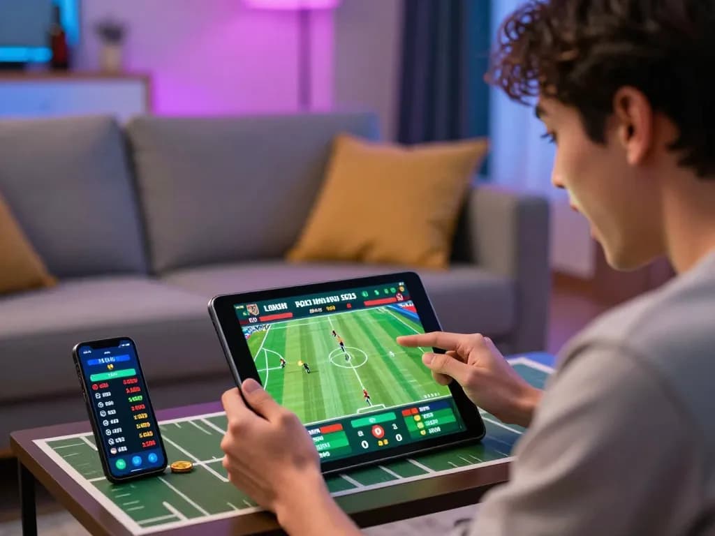 Exciting sports betting moment with soi kèo bóng đá analysis on tablet, showing live statistics.