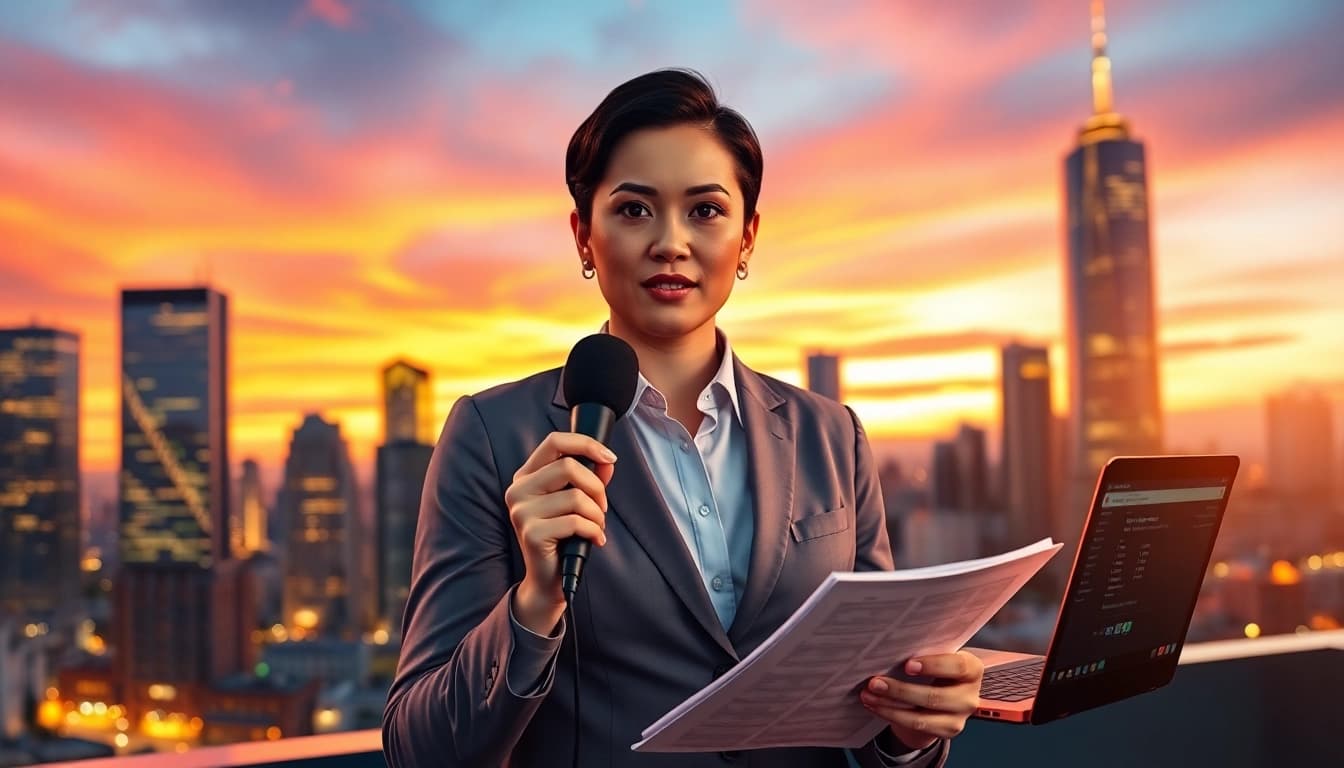 Aktuelle Meldungen - Journalist reporting live from a city skyline, showcasing breaking news.