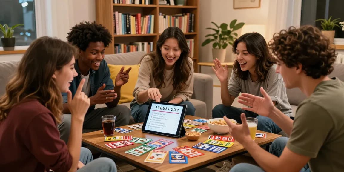 Friends enjoying a quiz night at home, testing their Quiz Allgemeinwissen knowledge together.
