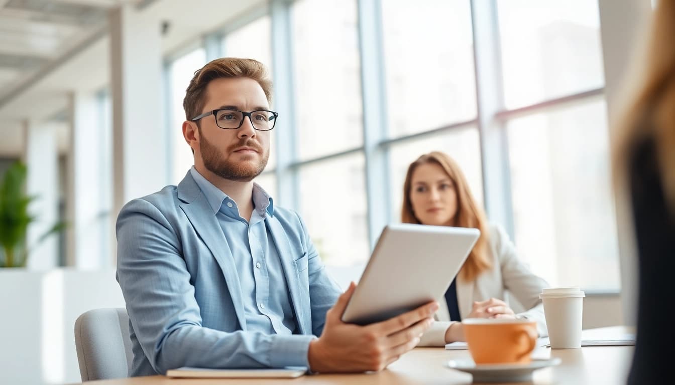 Headhunter Schweiz führt ein Bewerbungsgespräch in einem modernen Büro.