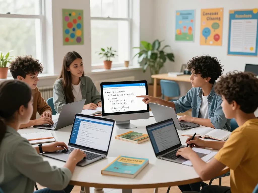 Gruppe von Schülern, die Hausaufgaben Löser-Tools in einem modernen Klassenzimmer verwenden
