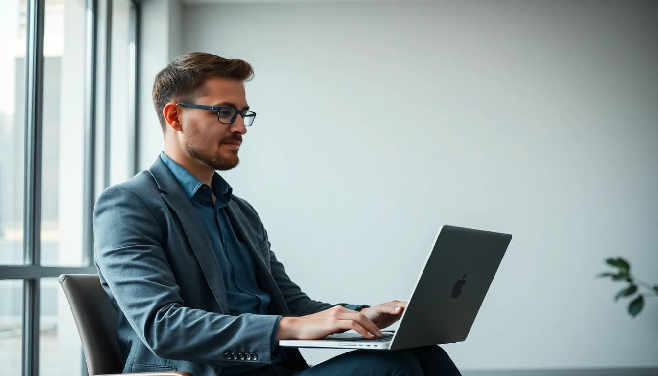 Unternehmensberatung bei der Arbeit: Ein Berater analysiert Daten am Laptop in einem modernen Büro.