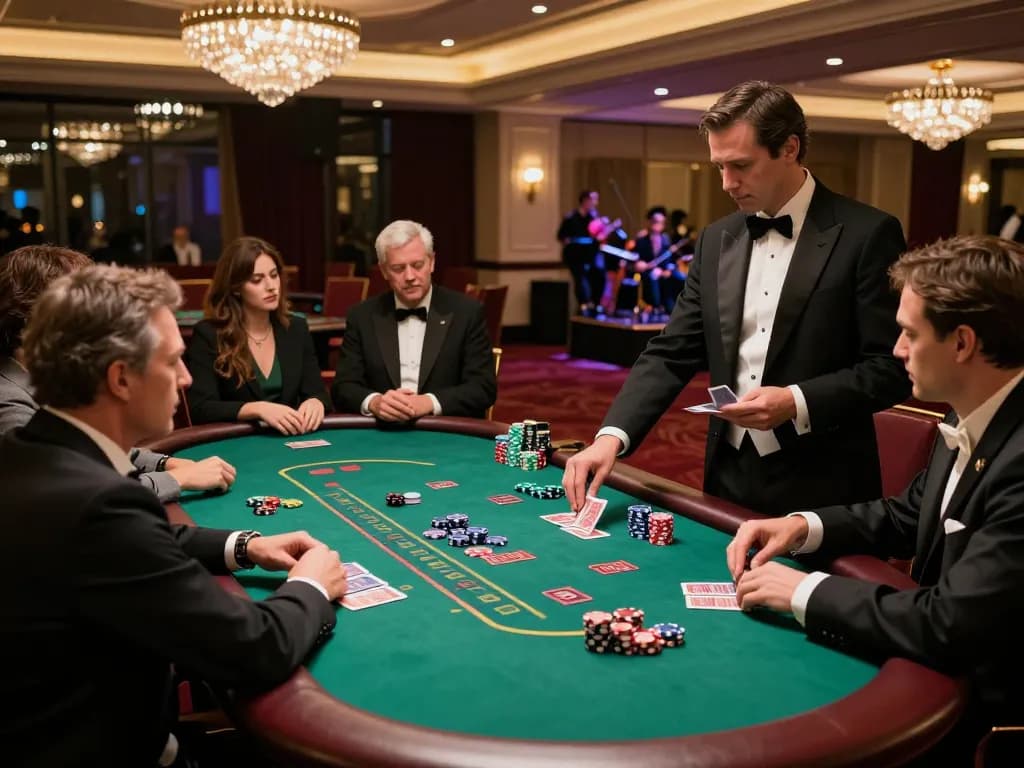 Các người chơi Rik vip cùng nhau tập trung cao độ quanh bàn blackjack sang trọng trong một sòng bạc sôi động.