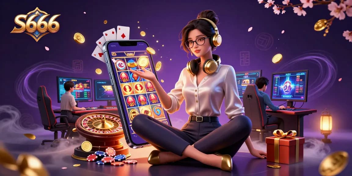 S666 immersive gaming scene showcasing a professional Asian woman navigating colorful casino games with vibrant graphics.