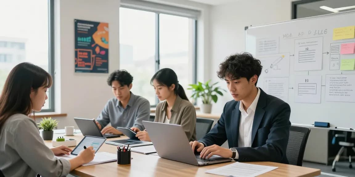Führungskraft bewerten in einem modernen Büro, wo ein Team anonymes Feedback zur Führung gibt.