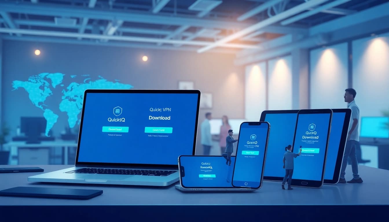 在现代设备上显示的 QuickQ 下载界面，展示安全的互联网访问。