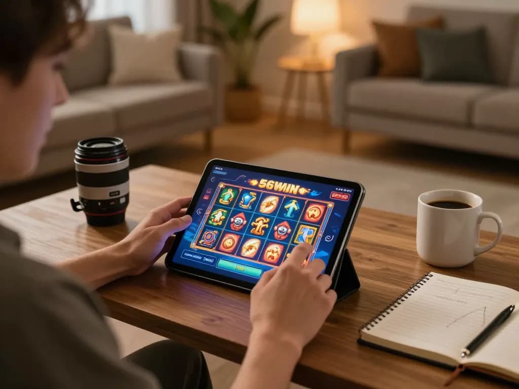 Engaging moment of a user playing a slot game on 56WIN's app in a cozy home environment