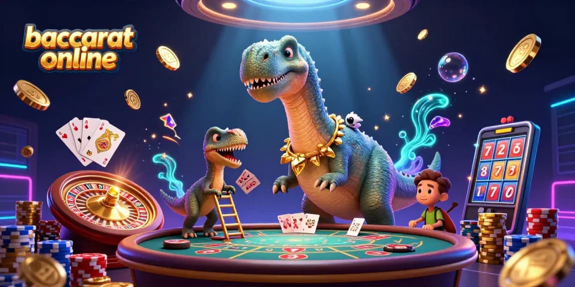Baccarat online excitement heightens with a playful brontosaurus and raptor dealer amidst vibrant casino elements.