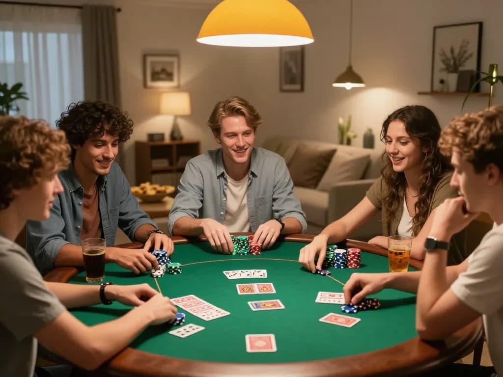 Friends enjoying a thrilling home poker night experience with nohu90 gaming strategies.
