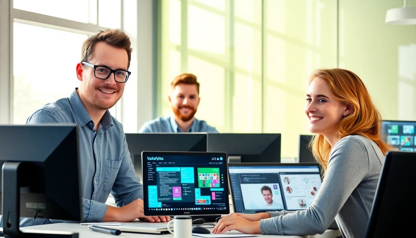 Entwickler arbeiten an Visual Studio 2022 Pro für Entwickler und Unternehmen in einem modernen Büro.