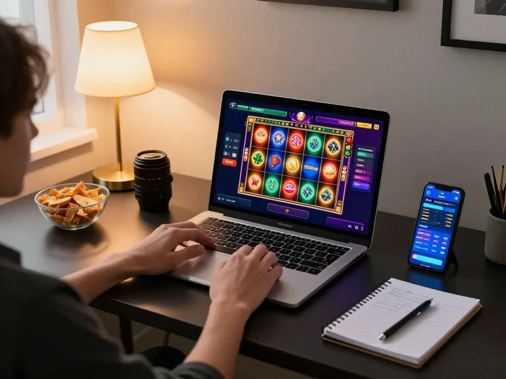 Engaging scene of a person playing fabet online slots on a laptop at home, showcasing comfortable gaming setup and strategic betting notes
