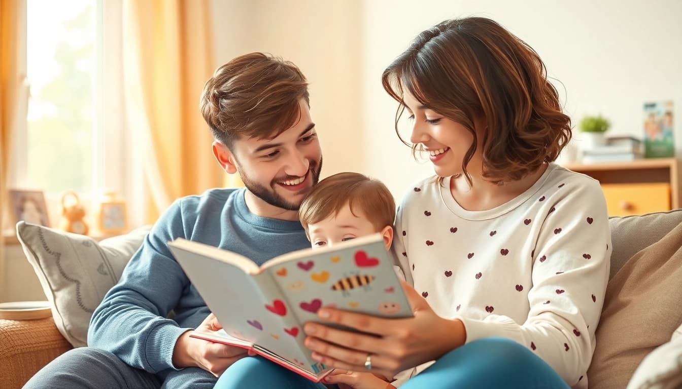 Kindererziehung: Eltern lesen mit ihrem Kind in einer warmen und einladenden Umgebung.
