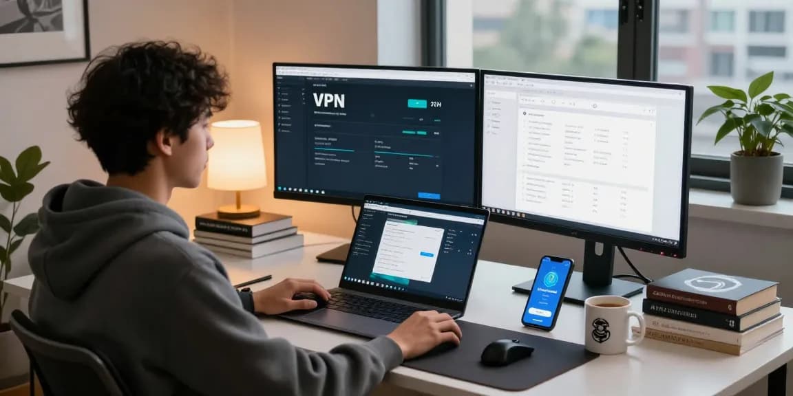 Mullvad VPN Erfahrungen showcased in a modern home office with dual monitors displaying VPN statistics.