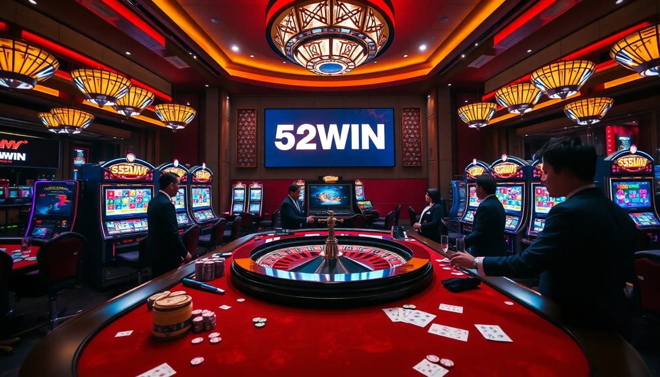 A dynamic casino gaming table scene reflecting the excitement of 52WIN with chips and cards scattered for high-stakes action.