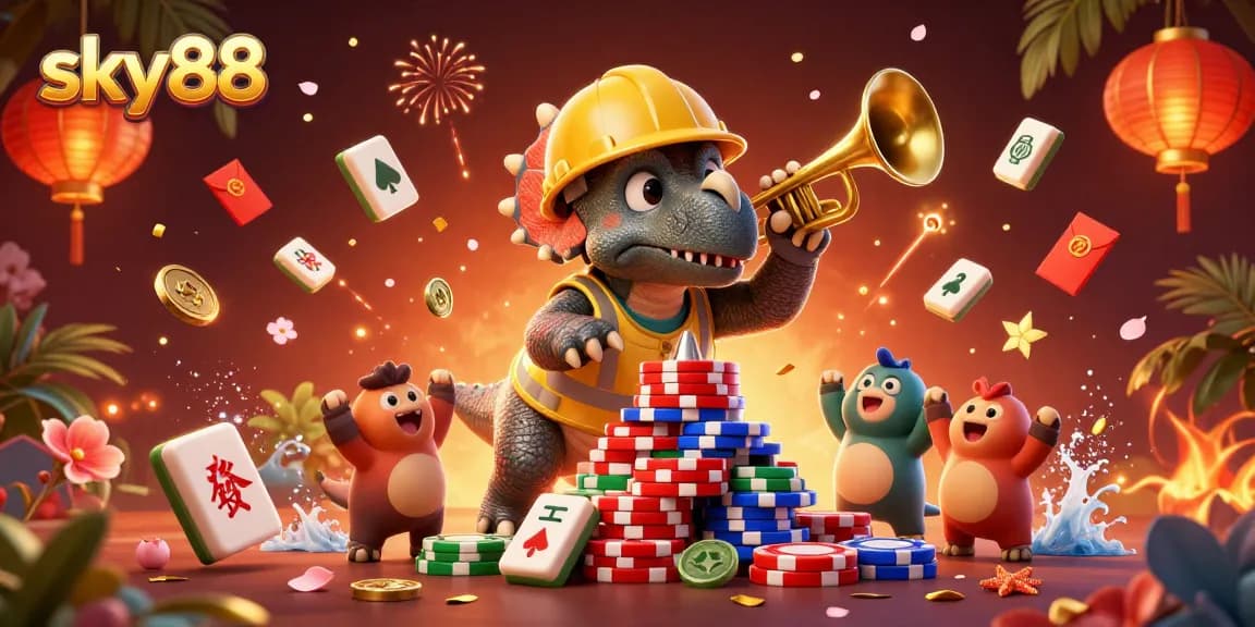 Join the excitement at sky88 with colorful casino characters celebrating a poker chips pyramid!