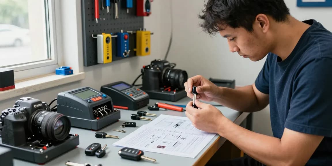 Schau es dir an, wie ein Experte Autoschlüssel für Hyundai Tucson in einer professionellen Werkstatt herstellt.