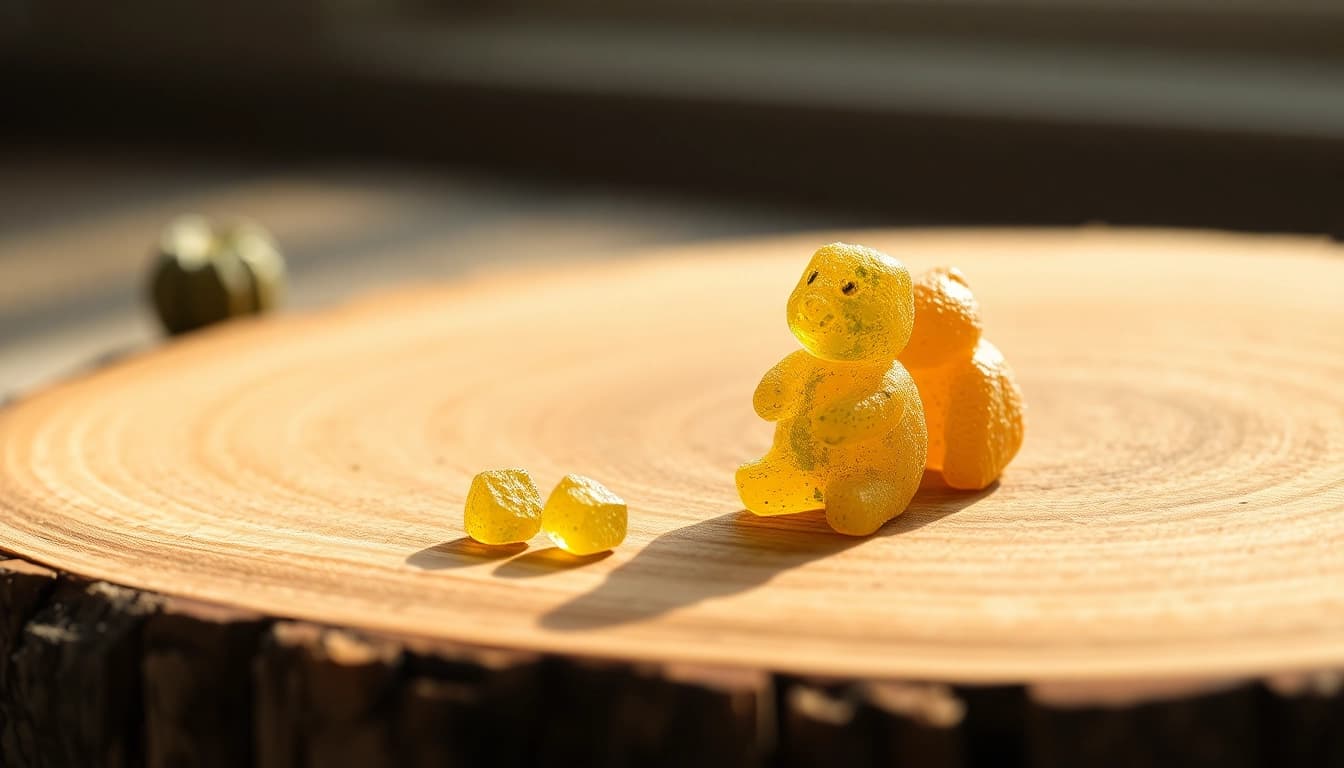 Genießen Sie thc gummies in verschiedenen Farben, die schön auf einem Holztablett arrangiert sind.