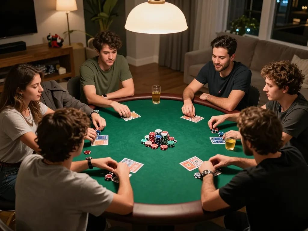 Players enjoying a home poker night with lively atmosphere at mb668.co, showcasing strategic gameplay.