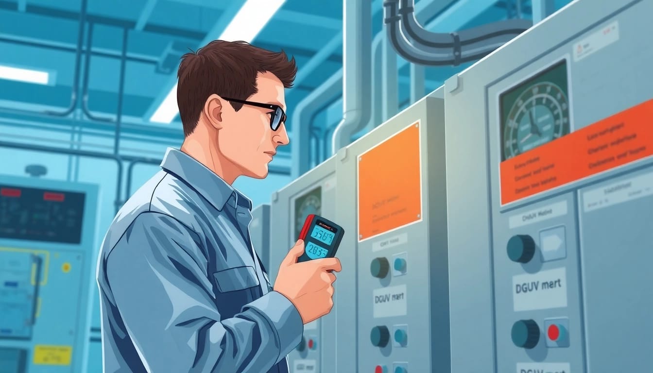 Technician performing a DGUV V3 Prüfung to ensure electrical safety compliance in an industrial environment.