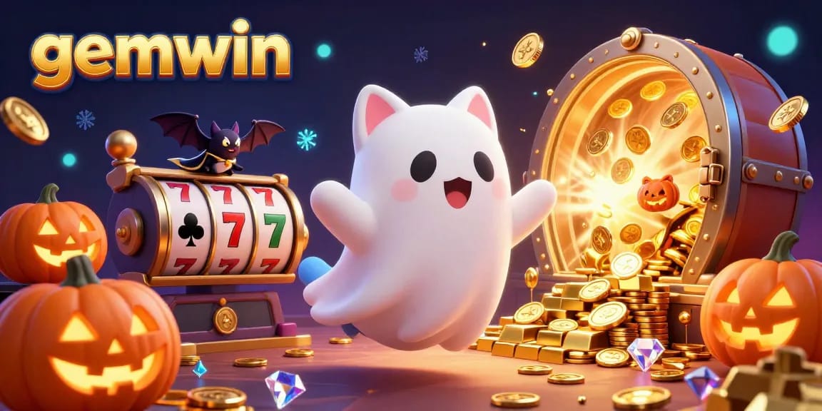 Experience the excitement of gemwin with a haunted casino scene filled with playful characters and vibrant gaming elements.