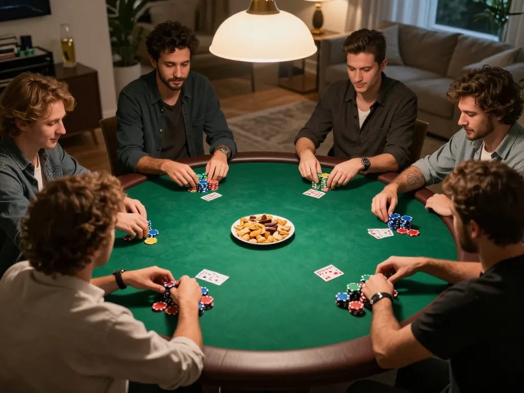 PH22 home poker night with friends playing around a vibrant green felt table