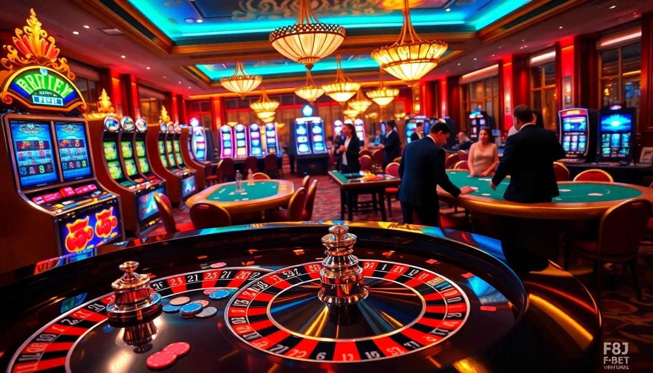 Engaging players at a roulette table and vibrant slot machines at https://f8bet.ventures/ illustrating excitement.