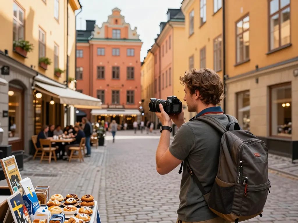Reisetipps Stockholm - Reisender in Gamla Stan, der die kopfsteingepflasterten Straßen mit lokalen Cafés erkundet.