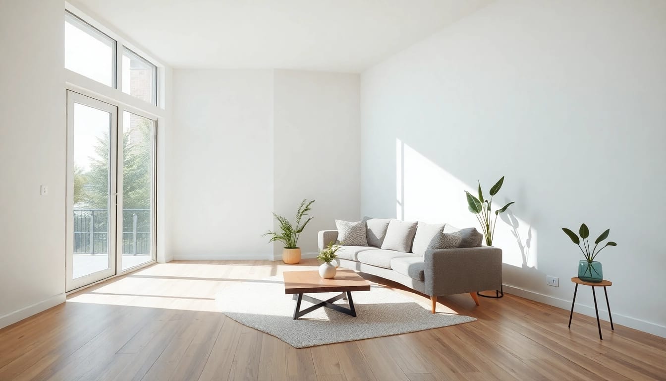 Raumgestaltung mit modernem Wohnraumdesign zeigt sanfte Farbtöne und gemütliche Einrichtung.