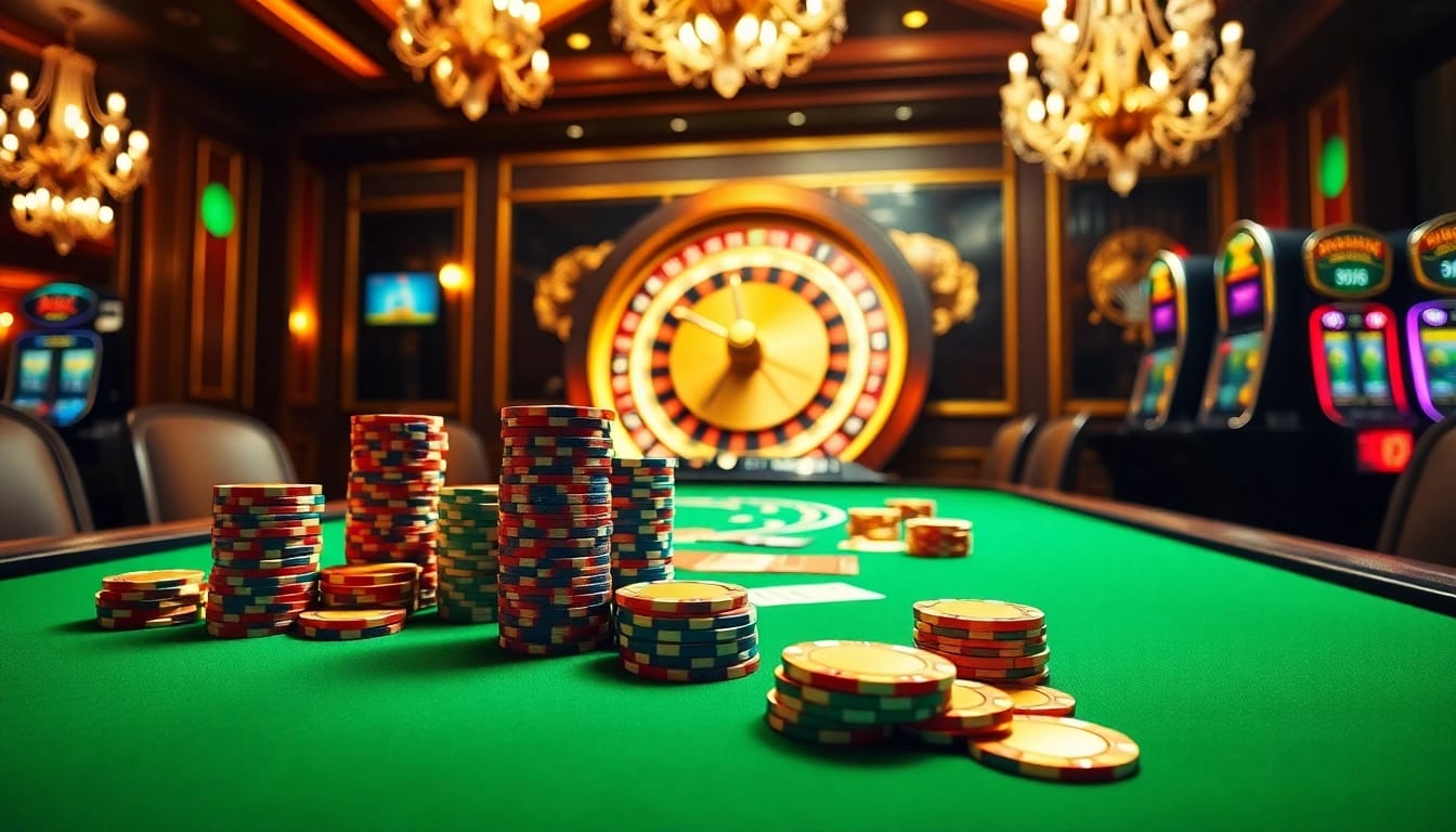 Engaging scene of tg88 game at a luxury casino with poker table and roulette.