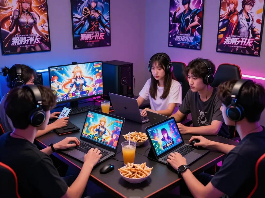 Engaged friends playing popular porn ganes in a vibrant gaming room.