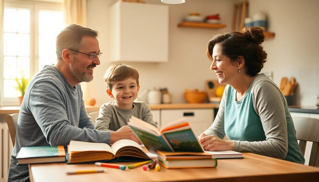 Erleben Sie positiven Heimunterricht: Ein Elternteil lehrt ein Kind am Küchentisch, umgeben von Büchern und Lernmaterialien.