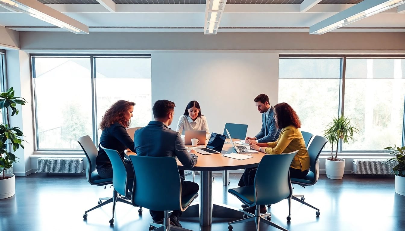 Headhunter Saarbrücken reflektiert ein engagiertes Team, das in einem modernen Büro zusammenarbeitet.