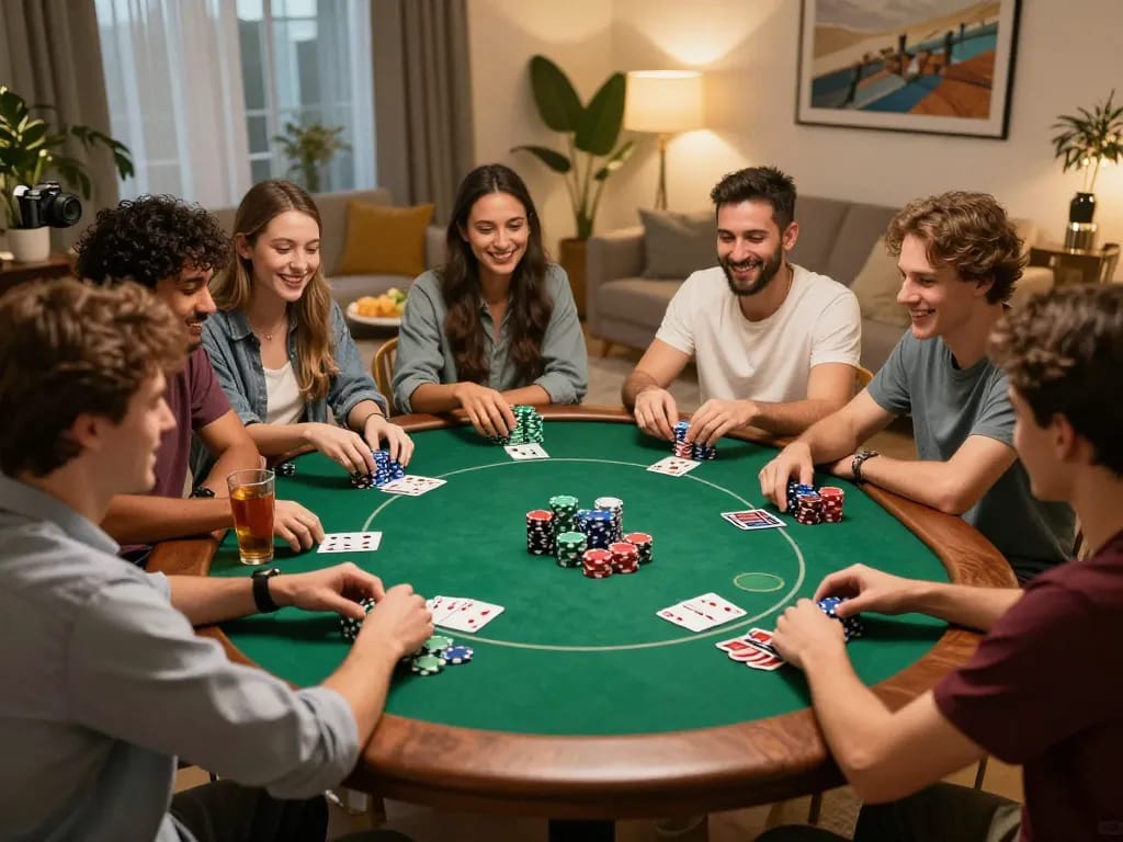 Bạn bè thưởng thức một đêm chơi poker sôi động tại nhà, tham gia vào câu lạc bộ 789 với những chip màu sắc rực rỡ và bầu không khí vui vẻ.