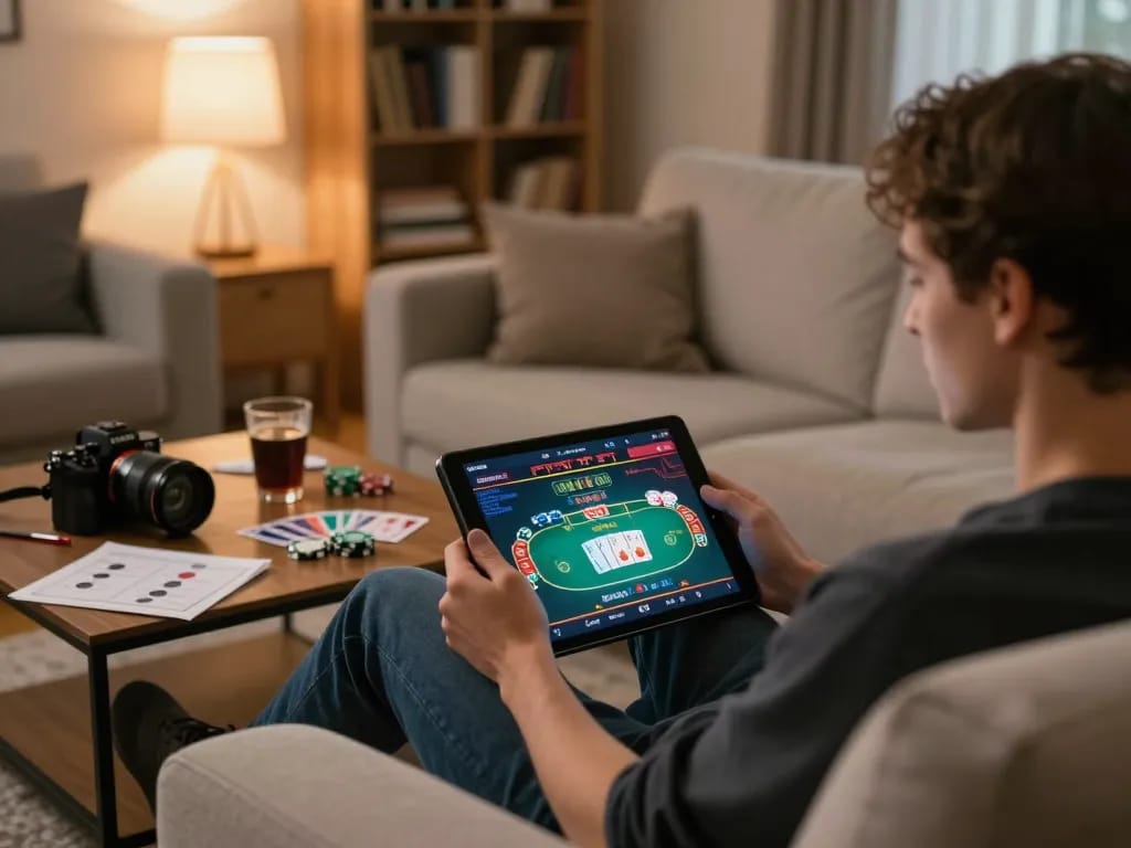 Person enjoying online casino gaming on a tablet, showcasing mk8th platform in a cozy home setup