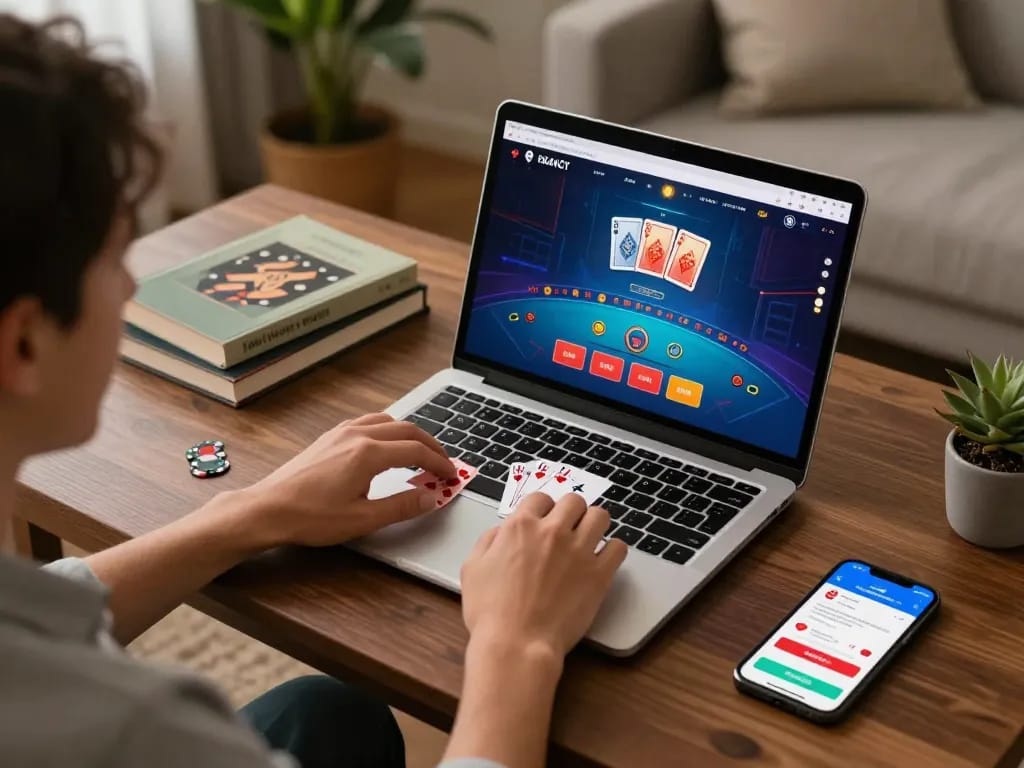 Engaged player exploring Go8 online blackjack strategies on a laptop, creating a captivating gaming atmosphere.