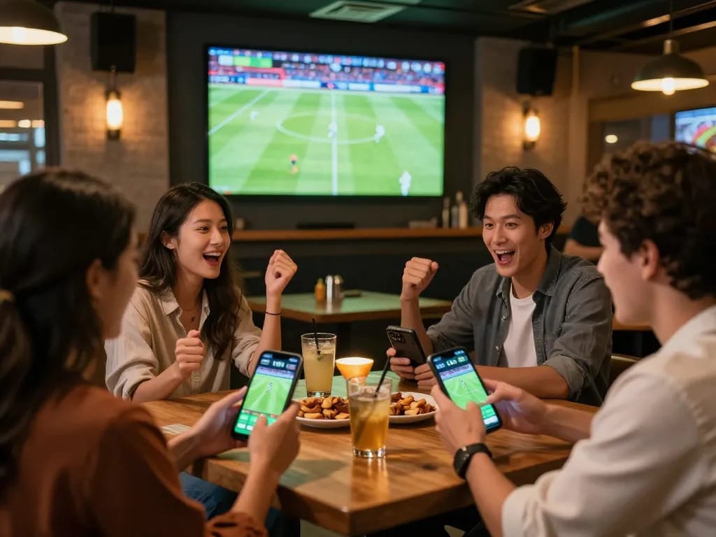 Tỷ lệ kèo nhà cái hôm nay showcased as friends actively engage with a betting app while watching a live soccer match at a sports bar.