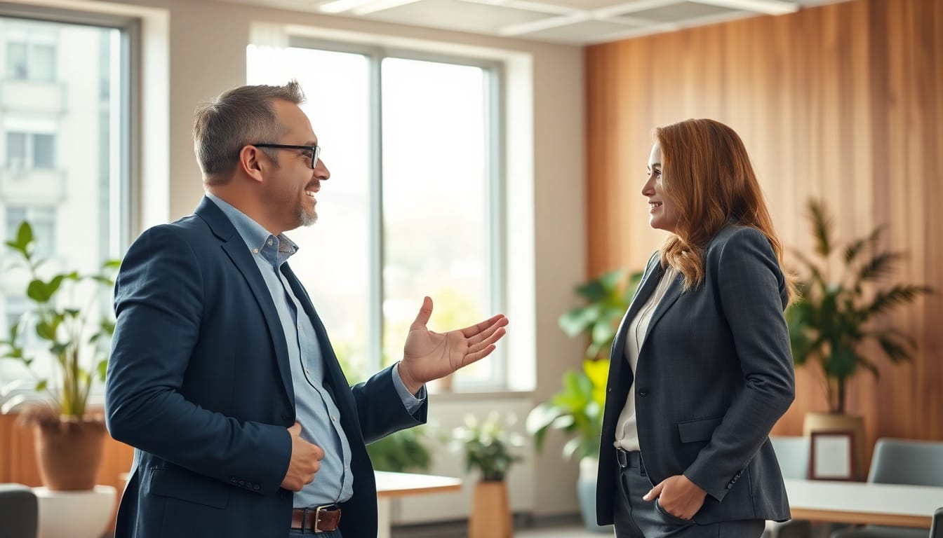 Headhunting Vertrieb: Professioneller Headhunter berät erfolgreich einen Kunden in einem modernen Büro.