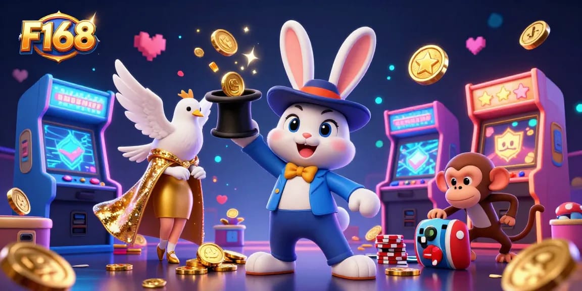 Experience the thrill of F168 with vibrant characters and colorful casino elements in a dynamic scene.