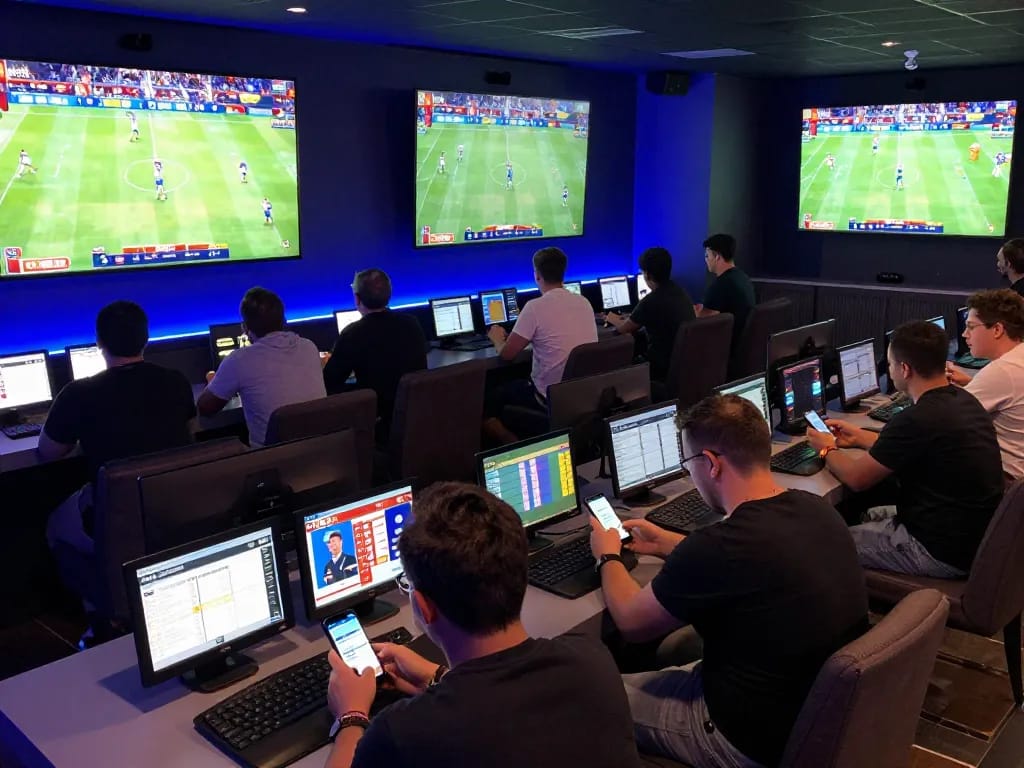 Fans engaging with p789bet's live betting interface in an electric sports lounge atmosphere