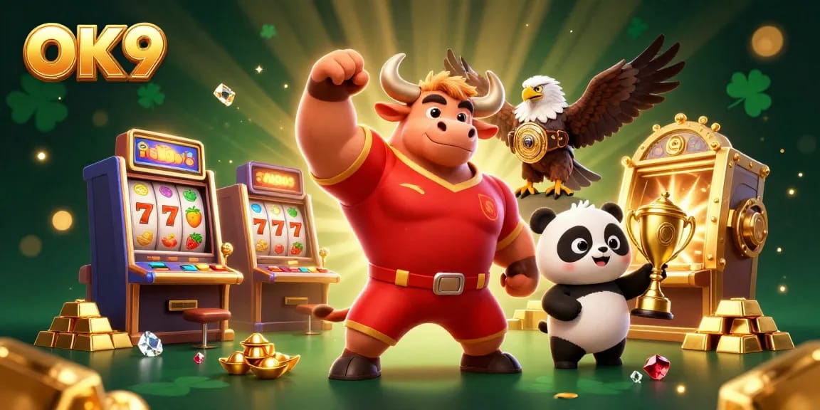 Spin the reels with OK9's vibrant slot machines, showcasing winning symbols and gems in a bustling casino scene.